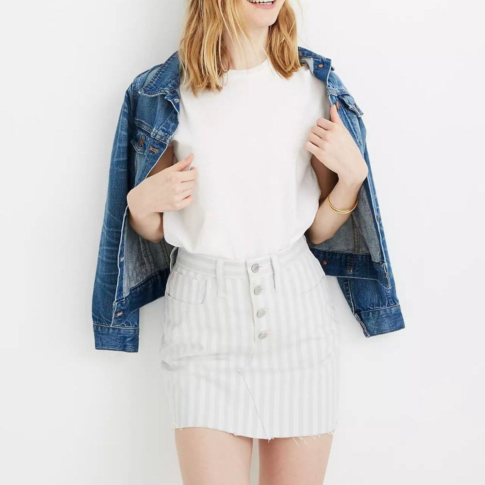 Madewell Cotton Stretch A-Line Mini Skirt  Pompano Stripe: Button-Front Edition